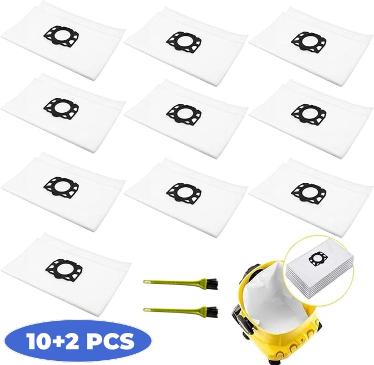 10 stuks stofzuigerzakken vliesfilterzakken stofzakken voor Kärcher WD4/WD5/WD6/MV4/KD3/WD3 - passend voor de Kärcher nat-/droogzuiger - filterzakken met 2 borstels