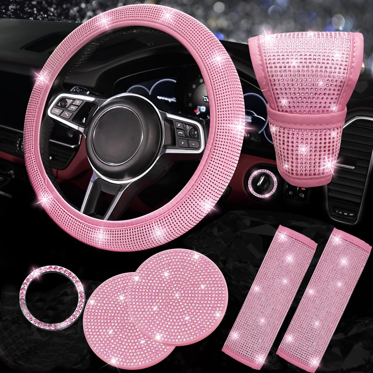 auto decoratie - Auto-accessoires set - 7 Stuks glinsterende decoratieset - bling-stuurhoes - gordelhoes - decoratieve auto - decoratie voor auto - Fonkelende diamantdecoratie - Auto-interieur - schattige complete interieurset - Roze