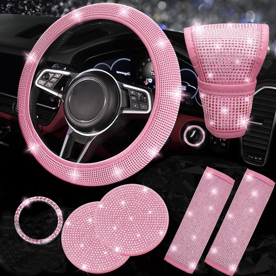 auto decoratie - Auto-accessoires set - 7 Stuks glinsterende decoratieset - bling-stuurhoes - gordelhoes - decoratieve auto - decoratie voor auto - Fonkelende diamantdecoratie - Auto-interieur - schattige complete interieurset - Roze
