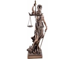 Justitia Romeinse Godin van Rechtvaardigheid - Veronese Design - Bronskleurig beeld - Hoogte 33cm - Vrouwe Justitia van Veronese Design met blauw doorschijnende jurk -