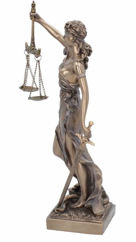 Justitia Romeinse Godin van Rechtvaardigheid - Veronese Design - Bronskleurig beeld - Hoogte 33cm - Vrouwe Justitia van Veronese Design met blauw doorschijnende jurk -