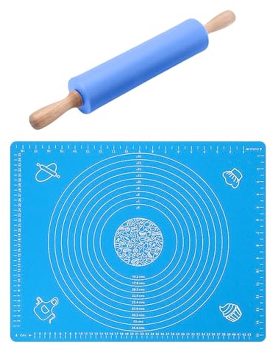 Deegroller- en siliconenmat, set van 4, deegrollhout deegmat kwast, gemakkelijk te reinigen bakmat siliconen (60 x 40), 38 cm deegroller (groen) (groen
