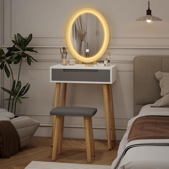 Foto: Kaptafel met led spiegel en kruk moderne kaptafel met verlichting 3 lichtkleuren touchscreen spiegel lade en opbergruimte make uptafel voor slaapkamer grijs 60x40x137cm homebynicole