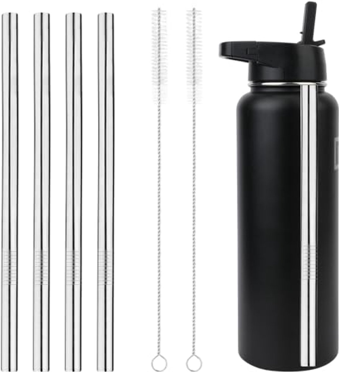 Image of 4 Rietjes en 2 Reinigingsborstels voor Brede Mond Waterflessen en Bekerflessen - Roestvrij Staal Accessoires