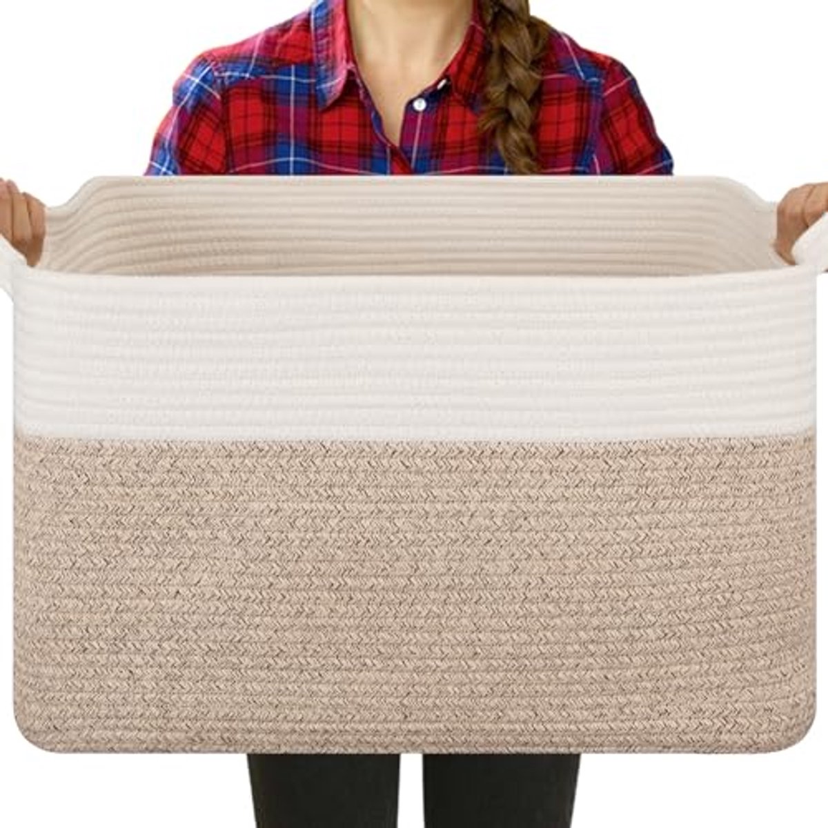 Katoenen Dekenmand voor Opbergdoeleinden - Speelgoedmand, Kledingmand en Handdoekenhouder - Bruin en Wit - 50 x 40 x 30 cm