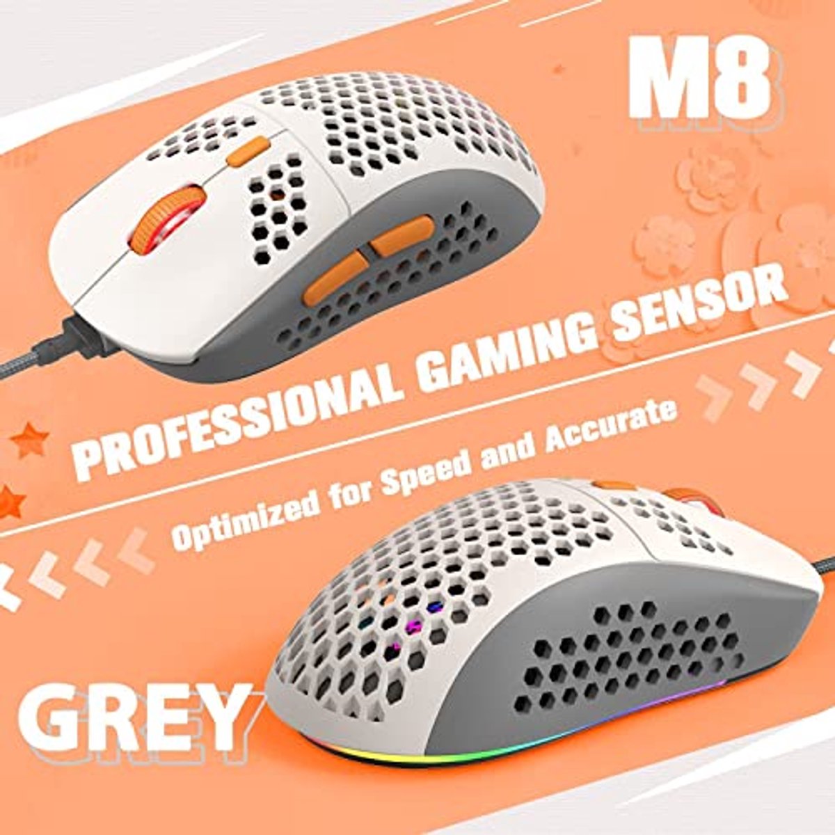 RGB Gaming Toetsenbord en Muis Combinatie met Opgerolde USB C Kabel - Mechanisch Toetsenbord, 68 Toetsen, Honingraat Muis, Tot 6400 DPI voor PC en Mac