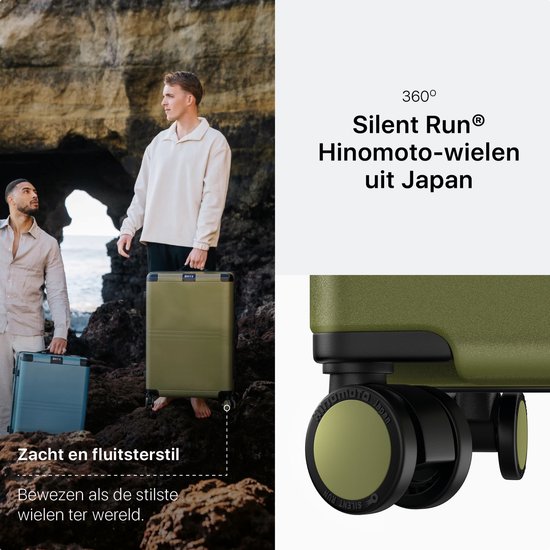 Twee mannen bij een rotsachtige kust, met een olijfgroene en blauwe ONYX koffer. Close-up van olijfgroene spinner wielen.
