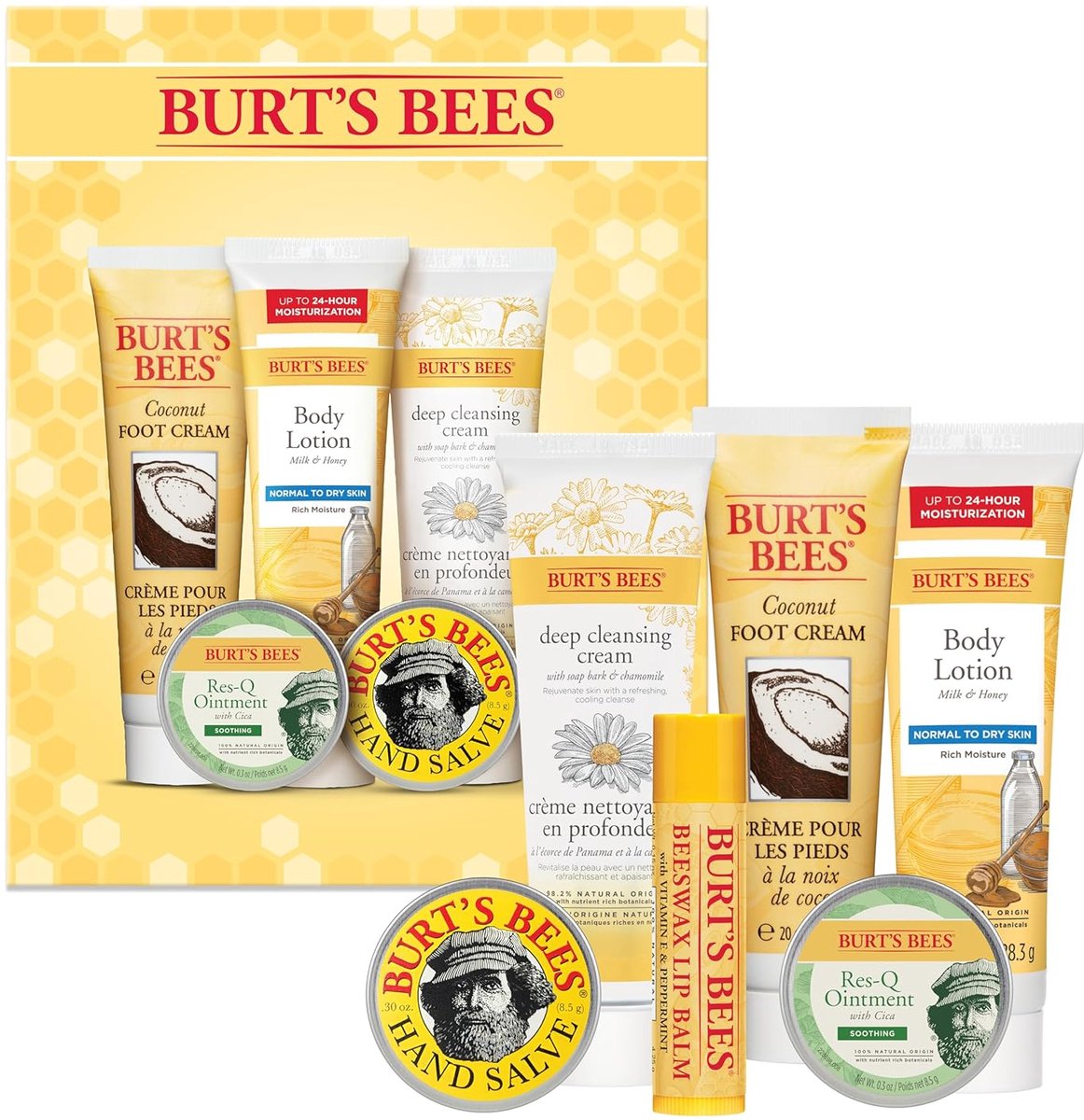 Burt's Bees  - Cadeauset - 6 mini-items voor mannen en vrouwen - Coconut Foot Cream -  Milk & Honey Body Lotion - Soap Bark & ​​​​Chamomile Deep Cleansing Cream -  Res-q Zalf -  Handzalf & Bijenwas Lippenbalsem