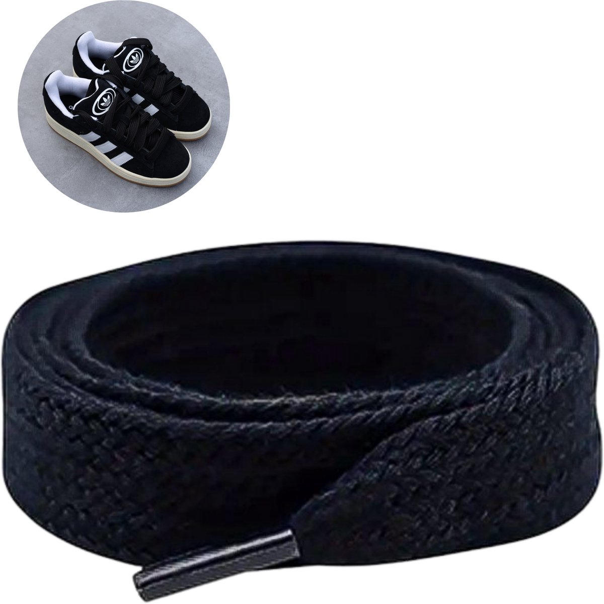Sneakers Abel - Sneaker Veters 120CM - 2CM Wijd - Schoenveters - Zwart - Black - Brede Veter - Dikke Veter - Geschikt voor Adidas Campus 00s