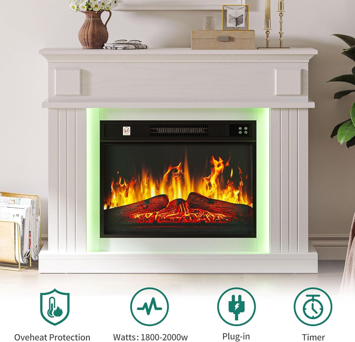 Elektrische Sfeerhaard TasalFurniture 58 cm – Realistisch 3D Vlameffect met 24 Kleuren LED Verlichting, Timer & Afstandsbediening – Vrijstaande Moderne Elektrische Open Haard voor Woonkamer – Oververhittingsbeveiliging – Wit 2000W