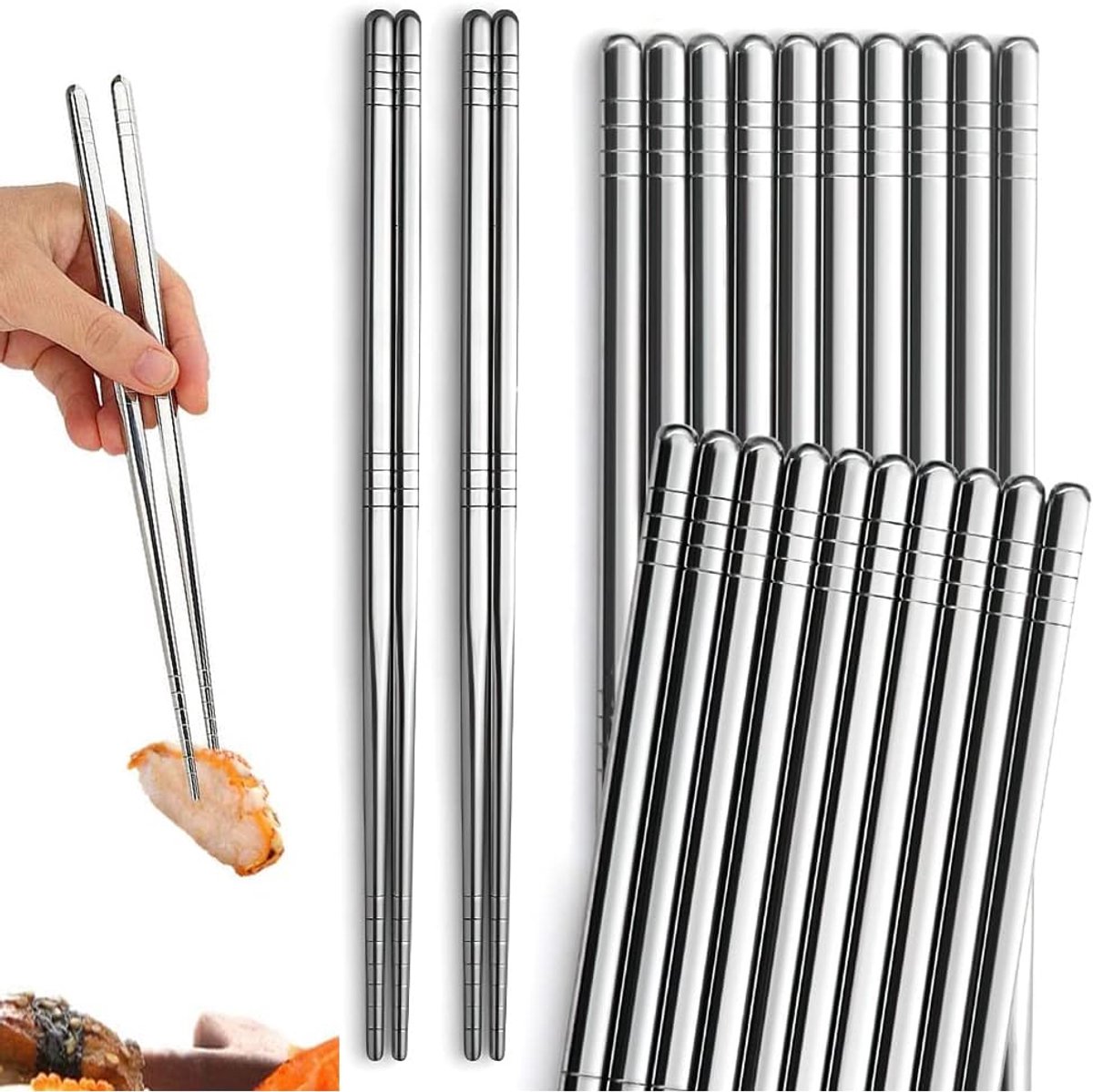 Mmgoqqt 10pcs Stainless-Steel Anti-Slip Dishwasher-Safe Hexagonal Chopsticks Set
