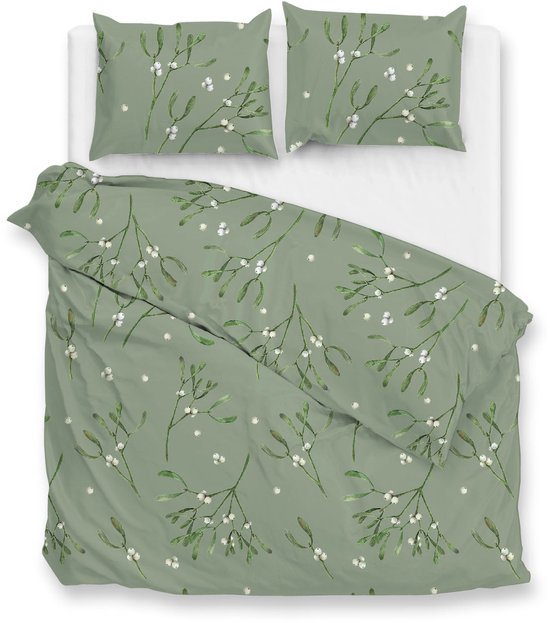 Housse de couette Zohome Hedra - Verte - 2 places - 100 % Katoen- Flanelle - Motif feuilles - 240 x 220 cm + 2 taies d'oreiller 60 x 70 cm