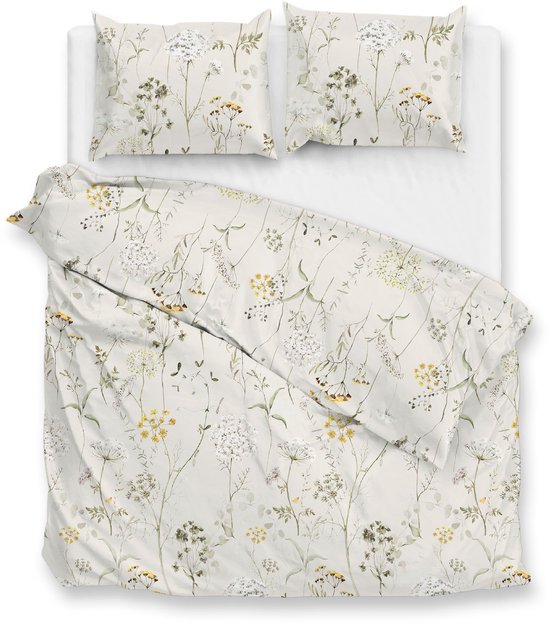 Housse de couette Zohome Leontine - Naturelle - 2 places - 100 % Katoen- Flanelle - Fleurs - 200 x 220 cm + 2 taies d'oreiller 60 x 70 cm
