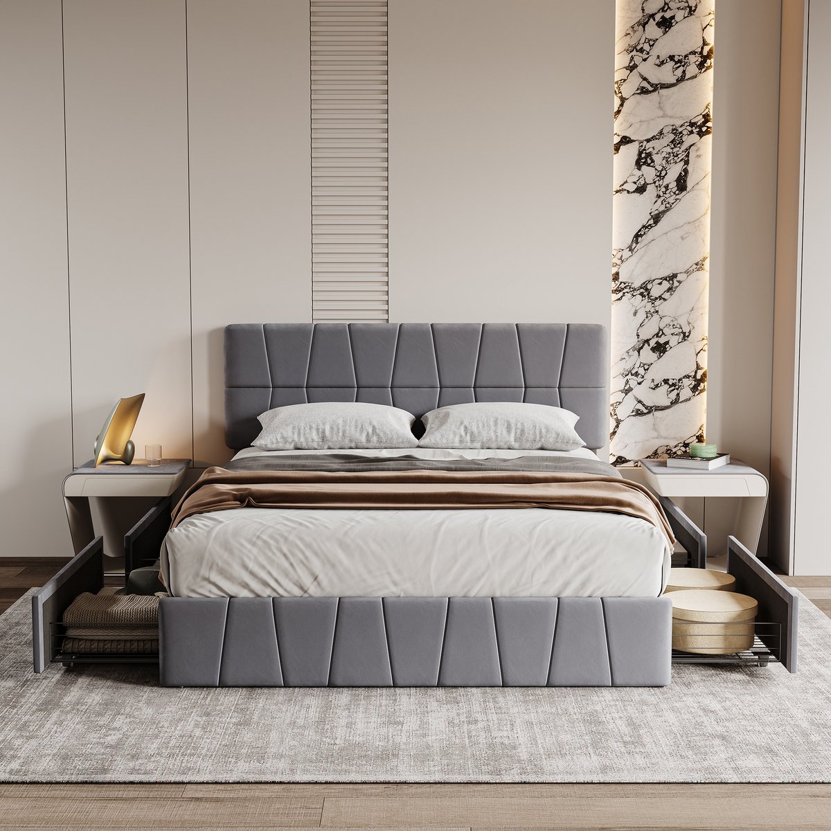 Tweepersoonsbed 160 x 200 cm, gestoffeerd bed met opbergruimte, 4 lades, volwassen/tienerbed, lattenbodem, slaapkamermeubilair, fluweel, grijs zonder matras (verzonden in 2 pakketten)