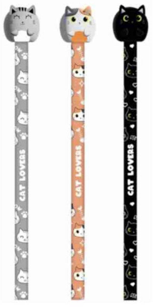 iTotal set van 3 3D Wooden Pencils Cat Lover Meow CAT White, Grey & Black Potlood 39gr