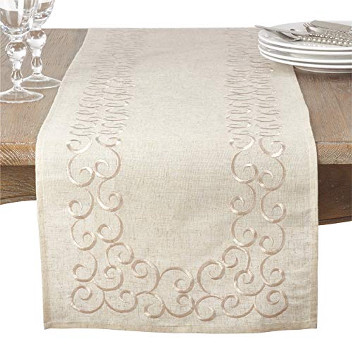 Elegante geborduurde linnenmix tafelloper met bloemen
