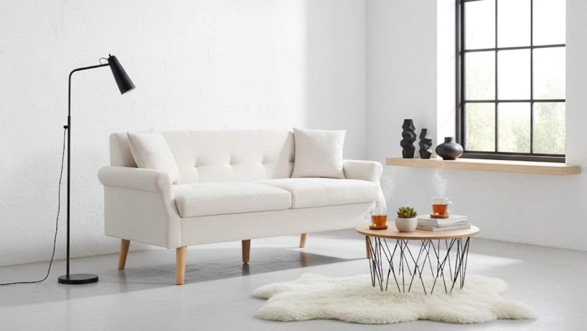 Elegance 2-Zits Sofa – Luxe Moderne Chenille Bank voor Woonkamer, Slaapkamer of Kantoor – Compacte Comfortbank met Hoog Zitcomfort en 2 Kussens – Beige / Scandinavisch Design- Ganeey