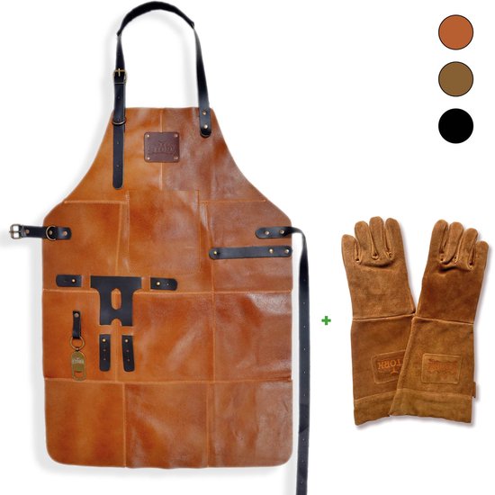 Tablier de BBQ en cuir avec Gants en cuir – Cuir véritable marron clair – Garantie 2 ans – Tablier de cuisine de Luxe pour homme – Tablier de barbecue avec Groot poche, boucle pour serviette et décapsuleur – Pour la Vaderdag, Noël ou un anniversaire