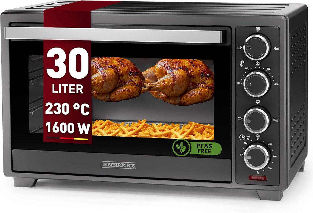 oven mini-oven airfryer oven Mini-oven 23 L, elektrische oven 1300 W Verstelbare temperatuur 70-250 ℃ en 60 minuten timer met 3 verwarmingsfuncties for bakken Koken Grill Broodrooster Oven Luchtfriteu