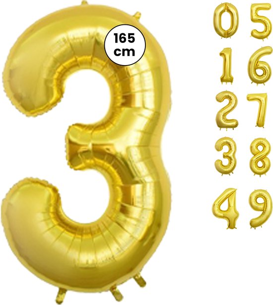 Fienosa Cijfer Ballonnen nummer 3 - Goud - 165 cm - Helium Ballon - Verjaardag ballon - Verjaardag versiering - Leeftijd verjaardag - Verjaardagsballon - Verjaardag