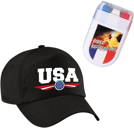 USA / Amerika supporters verkleed set - baseballcap met print - zwart - met vlag schminkstift - volwassenen - Sport / WK / landen