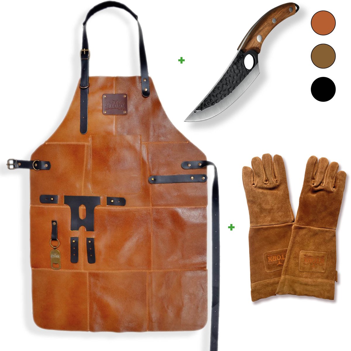 STORX Leren BBQ Set – Leren Schort + Koksmes + Barbecue Handschoenen – Lichtbruin Echt Leer – 2 Jaar Garantie – Luxe Grillset met Slagers Mes (27,6 cm) & Schort (81x56 cm) – Stoer Cadeau voor Mannen