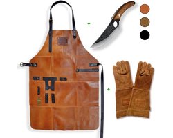 STORX Leren BBQ Set – Leren Schort + Koksmes + Barbecue Handschoenen – Lichtbruin Echt Leer – 2 Jaar Garantie – Luxe Grillset met Slagers Mes (27,6 cm) & Schort (81x56 cm) – Stoer Cadeau voor Mannen