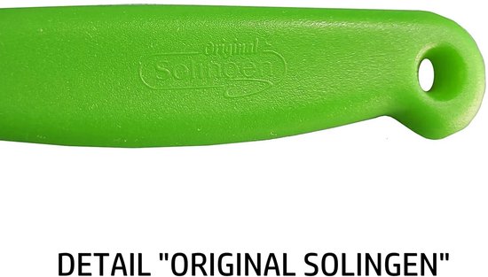 Detail van een groen handvat met de inscriptie 'Original Solingen'.