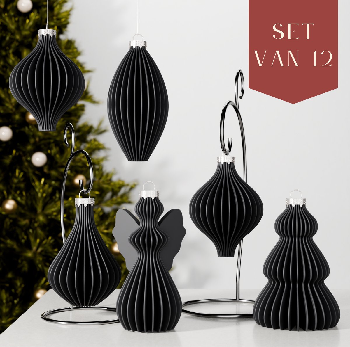 Fleuriek – Luxe kerstballen set van 12 – Zwarte kerstversiering – Onbreekbare plastic kerstornamenten met matte afwerking – Moderne kerstdecoratie