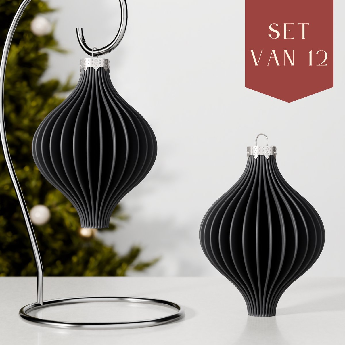 Fleuriek – Luxe kerstballen set van 12 – Zwarte kerstversiering, onbreekbare plastic kerstballen met matte afwerking – Moderne kerstdecoratie