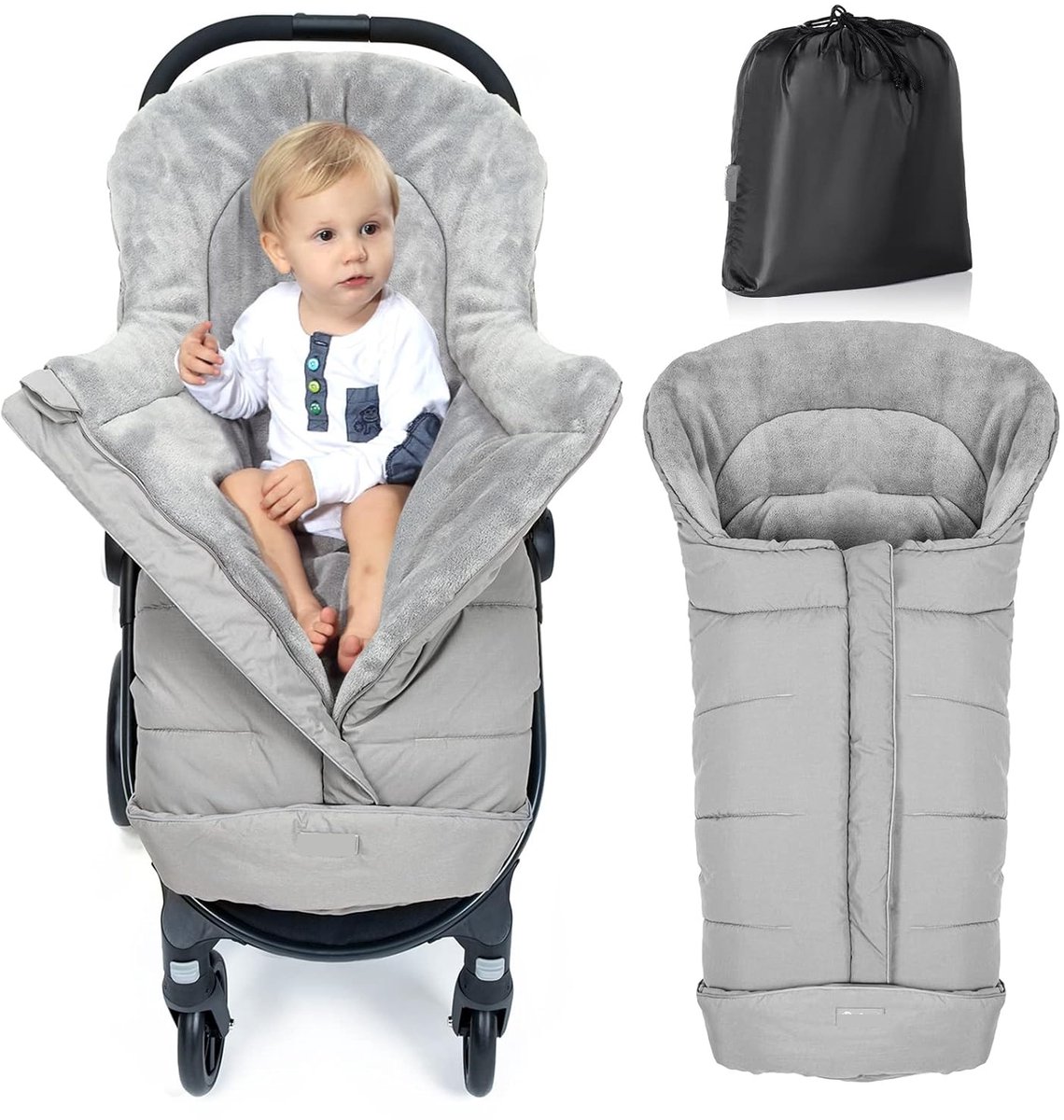 Voetenzak kinderwagen, voetenzak, buggy, voetenzak, kinderwagen, winter, met ritssluiting, wasbaar, geschikt voor alle kinderwagens (lichtgrijs, groot)