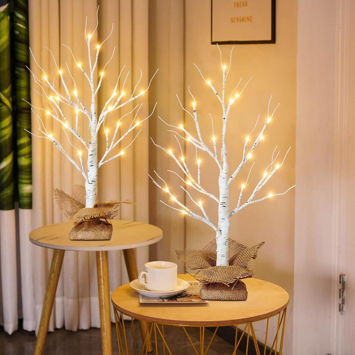 Verlichte Berkentakboom met Warm Wit Licht - 24 LED-Lampjes - voor Binnen en Buiten, Thanksgiving, Kerstmis, Vakantiedecoraties - 60 cm - 2 Stucks