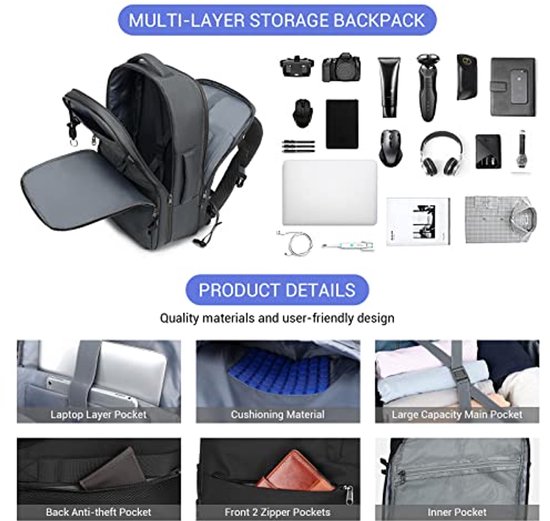MOLNIA Grote reisrugzak, 47L Carry On rugzak, 17,3 inch laptoprugzak MOLNIA Grote reisrugzak, 47L Carry On rugzak, 17,3 inch laptoprugzak