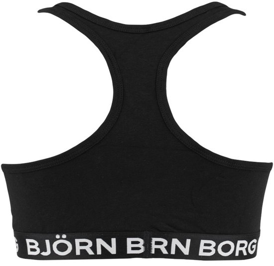 Achterkant van de zwarte sportbeha met racerback en Björn Borg logo op de band.