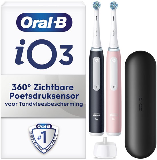 Oral-B iO 3 Elektrische Tandenborstel - Duo Zwart en Roze - inclusief Reisetui