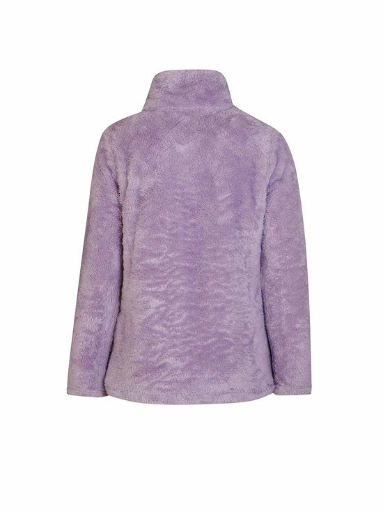 Achterkant van een lila fleece vest met kraag.