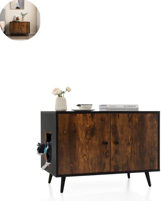 Kattenbak ombouw - Kattenbak kast - Kattenmeubel - Kattenhuis - 80L x 50B x 57H cm - Zwart+Bruin