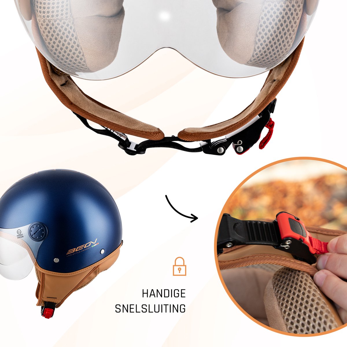 BEON Design Luxe Scooterhelm - M - Jethelm met Vizier - Motorhelm - Geschikt voor Vespa, Scooter, Brommer, Motor en Snorfiets - Metallic Blauw – foto 4
