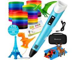 Montzys® Ultieme 3D Pen Set - 175 Meter Filament & 35 Kleuren - Advanced Starterspakket met Vullingen & Navulling - Speelgoed & Tekenen - Inclusief Tekenmat, Voorbeeldboekje & Opbergdoosje