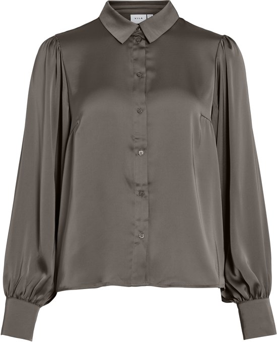 Taupe satijnen blouse met pofmouwen en knoopjes, merk VILA.
