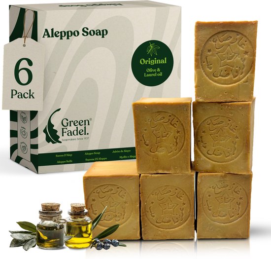 Green Fadel - Savon Aleppo - olive et 30% de laurier - Savon d'Alep - 6 blocs - +/- 1,2 kg - Sachet de savon inclus