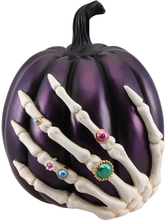 CHAKS - Paarse pompoen met skelethand van hars, 27 cm