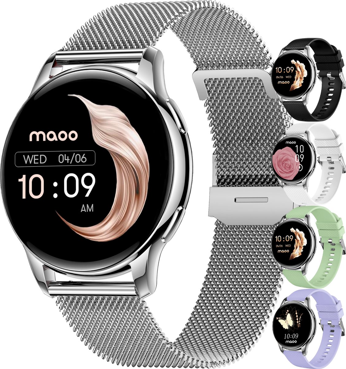 Maoo Ventura AMOLED Smartwatch Dames - RVS en 3x Siliconen Bandje - Stappenteller - Hartslagmeter - Slaapmonitor - Multisport - Geschikt voor Android en iOS - Zilver en Wit