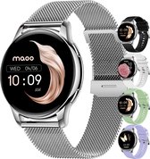 Maoo Ventura AMOLED Smartwatch Dames - RVS en 4x Siliconen Bandje - Stappenteller - Hartslagmeter - Slaapmonitor - Multisport - Geschikt voor Android en iOS - Zilver en Wit