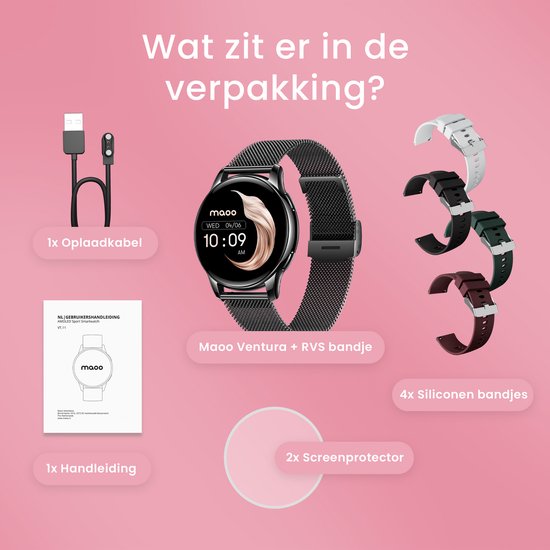 Maoo Ventura AMOLED Smartwatch Dames - RVS en 4x Siliconen Bandje - Stappenteller - Hartslagmeter - Slaapmonitor - Multisport - Geschikt voor Android en iOS - Zwart