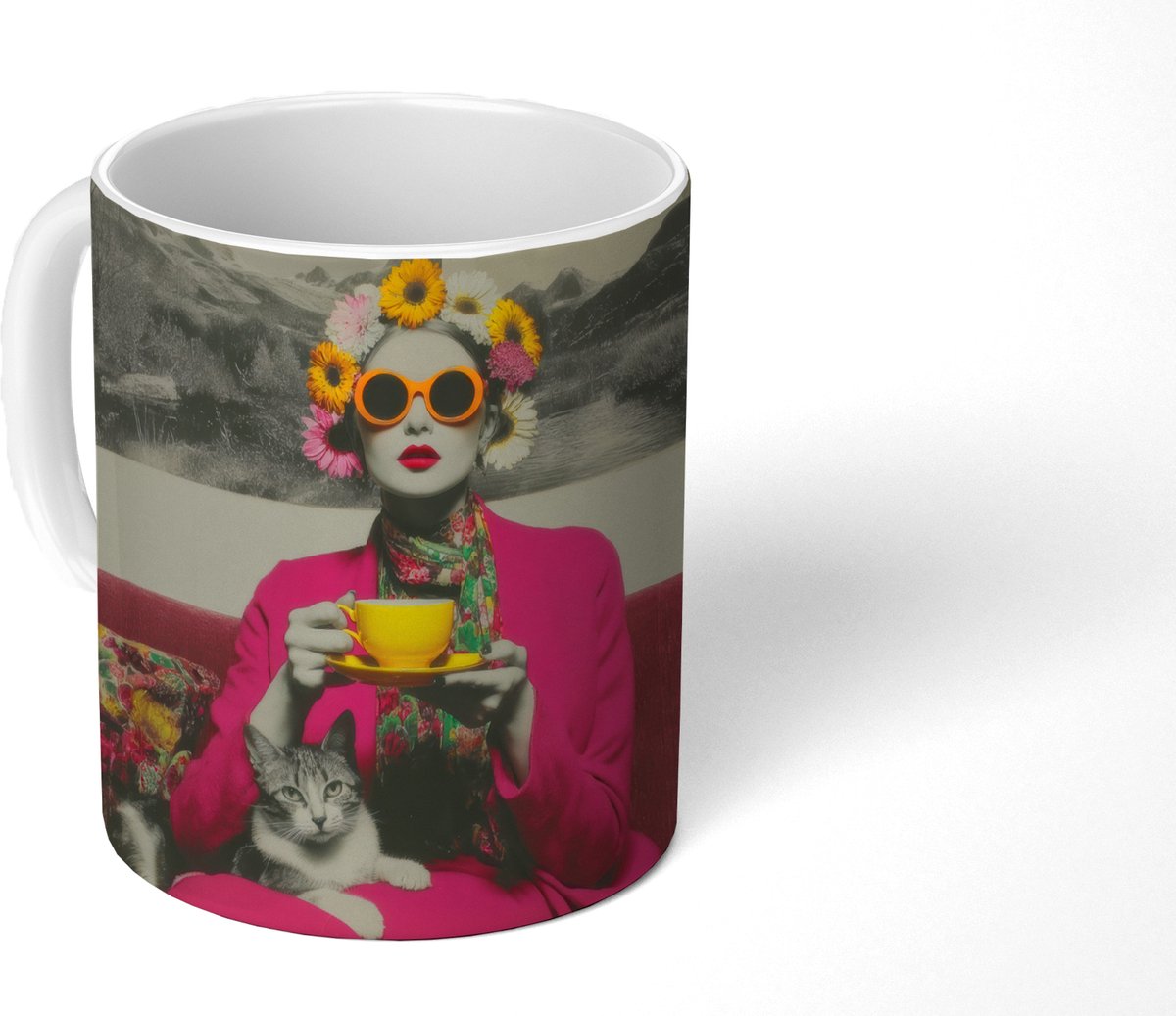 Mok - Koffiemok - Vrouw - Kat - Bloemen - Kopje - Retro - Mokken - 350 ML - Beker - Koffiemokken - Theemok