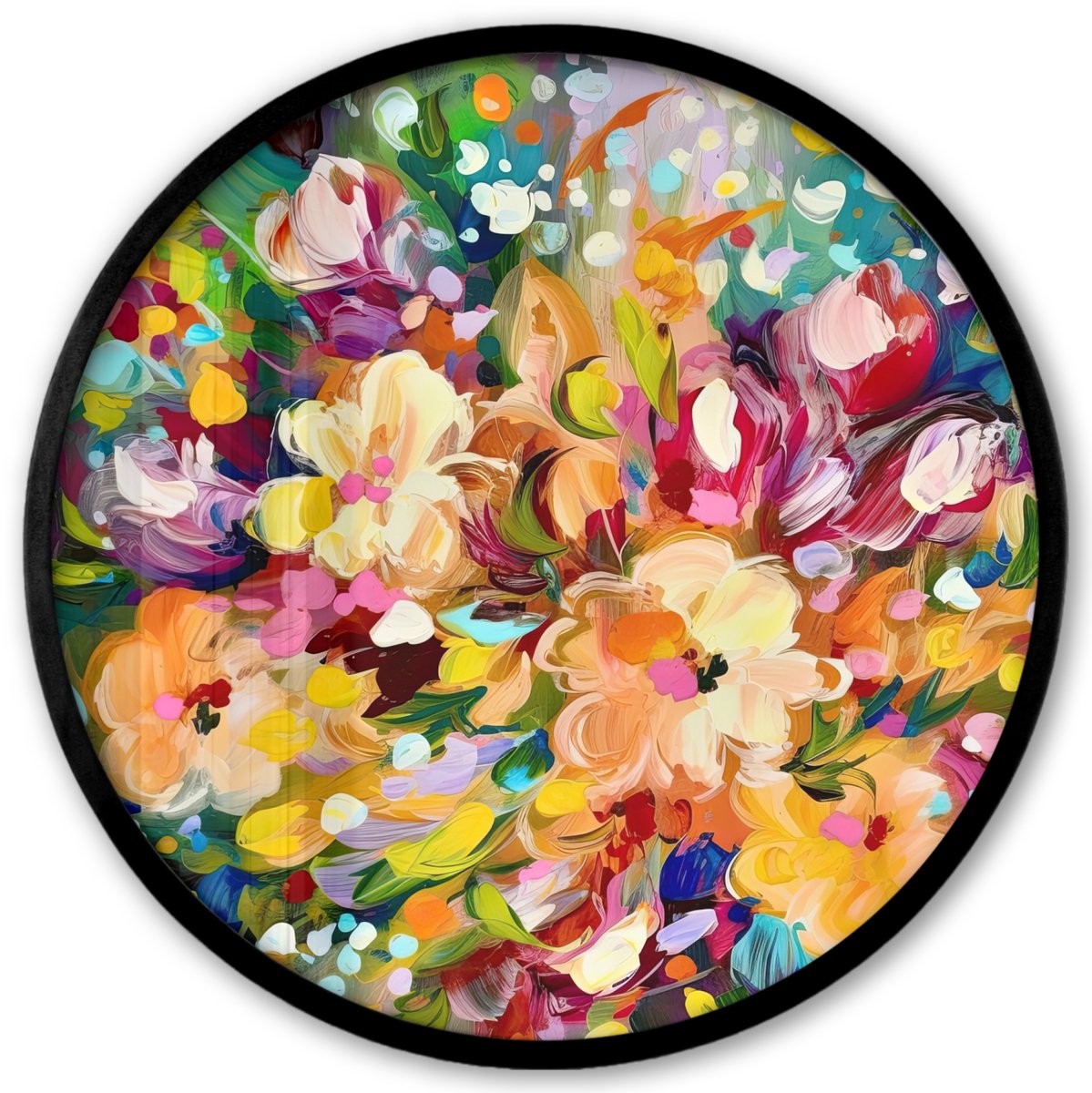 FrameYourWall Poster in lijst Rond - Fotolijst 40x40 cm - Posters - Schilderij - Olieverf - Bloemen - Regenboog - Ronde posterlijst zwart - Decoratie - Wanddecoratie woonkamer - Muurdecoratie slaapkamer Bloemen - Kleurrijk