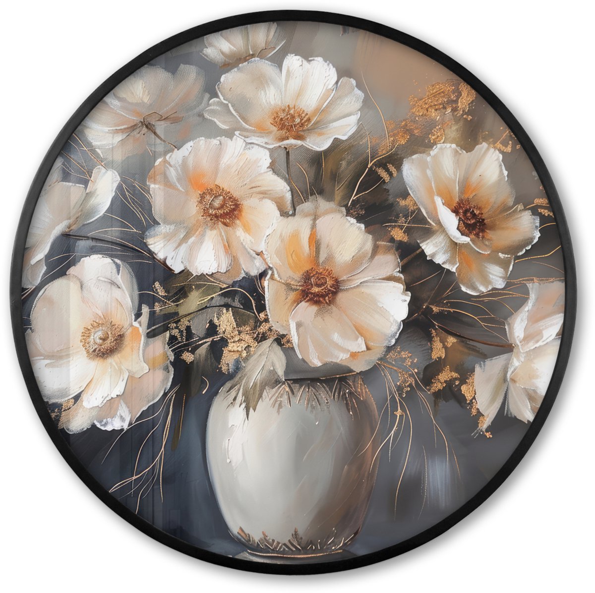 FrameYourWall Poster in lijst Rond - Fotolijst 60x60 cm - Posters - Bloemen - Wit - Vaas - Modern - Ronde posterlijst zwart - Decoratie - Wanddecoratie woonkamer - Muurdecoratie slaapkamer Bloemen - Vaas
