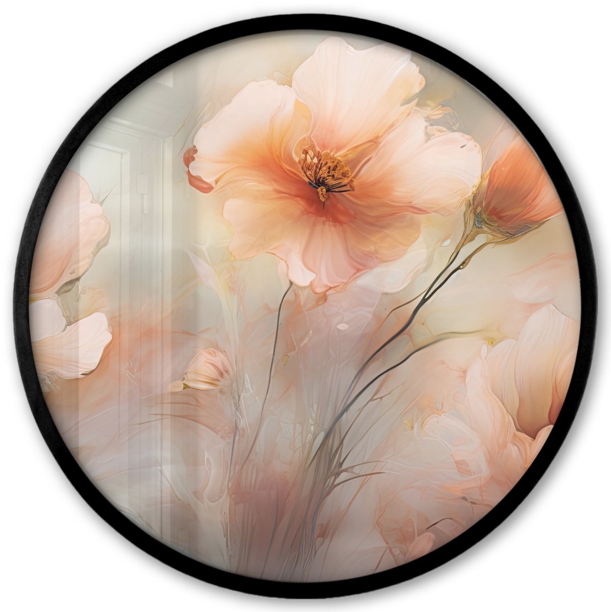 FrameYourWall Poster in lijst Rond - Fotolijst 40x40 cm - Posters - Bloemen - Pastel - Kunst - Klaprozen - Watercolor - Ronde posterlijst zwart - Decoratie - Wanddecoratie woonkamer - Muurdecoratie slaapkamer Oranje klaprozen - Pastel