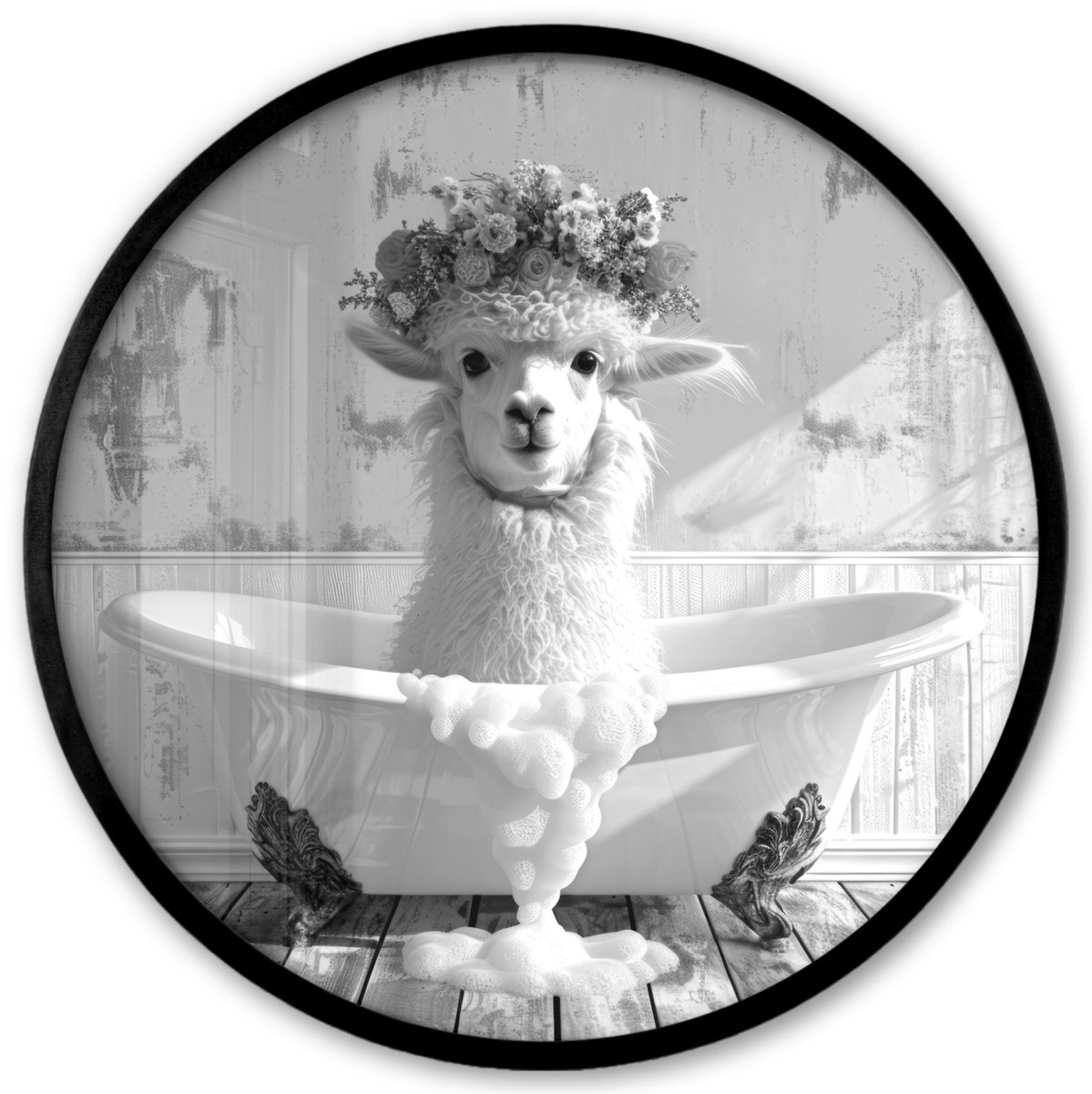 FrameYourWall Poster in lijst Rond - Fotolijst 40x40 cm - Posters - Alpaca - Bloemen - Dier - Bad - Zwart - Wit - Ronde posterlijst zwart - Decoratie - Wanddecoratie woonkamer - Muurdecoratie slaapkamer Alpaca - Badkuip